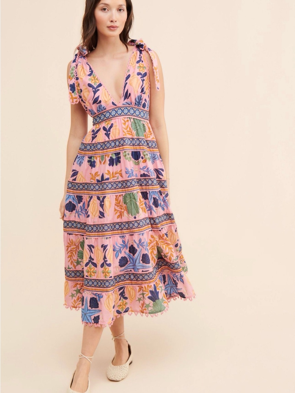 FARM Rio Pink Floral Tie-Shoulder Tiered Midi Dress